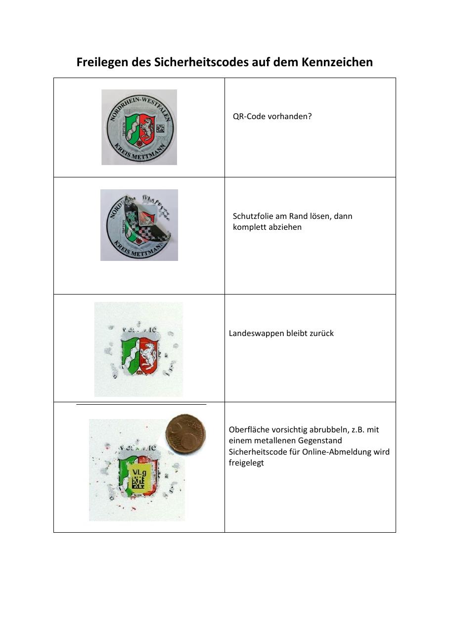 Amtliche Bildfolge zum Freilegen des Sicherheitscodes einer Kennzeichenplakette